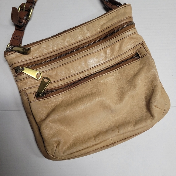 Fossil Explorer Crossbody Satchel Bag Leather Tan Zip Vintage Y2K